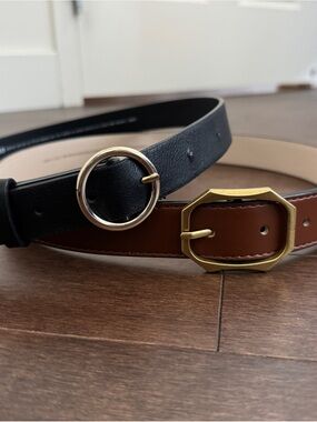 H&M Black and Brown Leather Belt Duo with Gold Buckles